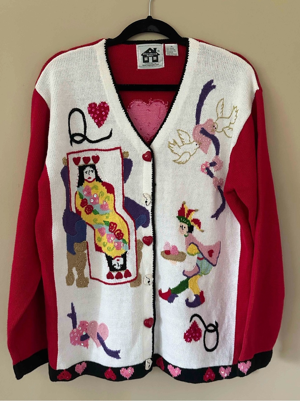 Vintage Storybook Knits Queen of Hearts Playing Card Cardigan Sweater Red M